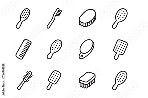 Personal Care Brushes. Personal care brushes. Line icon set of personal care brushes: hairbrush, toothbrush, nail brush, body brush, comb, detangling brush,