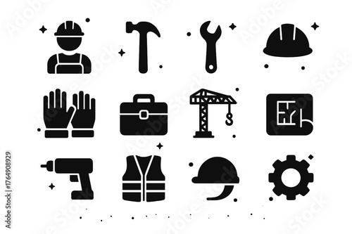 Occupational Work Icons. Occupational Work. Solid icons set of Occupational Work: construction worker, hammer, wrench, hard hat, gloves, toolbox, crane,