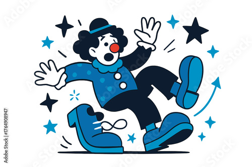Clown's Comical Stumble. Clown shoes. Clown tripping over oversized shoes with abstract floating stars, sparkles, and motion lines; conveys slapstick humor and