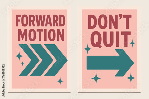 Forward Motion Banners. Forward motion. Two vertical A6 banners with safe margins, centered composition, no elements touching edges, retro, pink and teal,