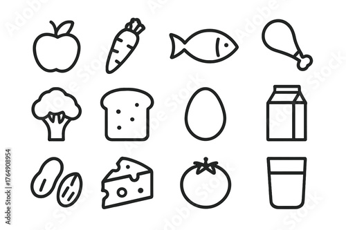 Dietary Variety Icons. Dietary variety. Line icon set of dietary variety: apple, carrot, fish, chicken drumstick, broccoli, bread slice, egg, milk carton,