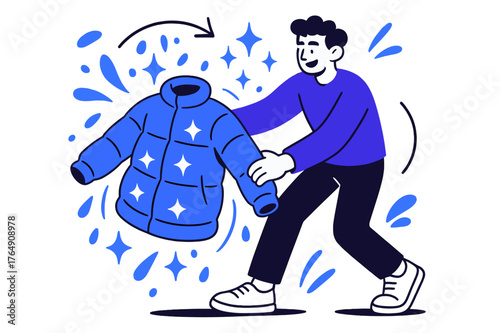 Freshly Cleaned Coats. Washing winter coats. Person shaking off winter coat outdoors after washing; abstract floating droplets and sparkles suggest freshness,