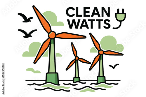 Offshore Wind Majesty. Offshore Wind Turbines. Slow-blade giants turn above gentle waves as seabirds trace tidy arcs; ?Clean Watts? hovers near a cable icon.