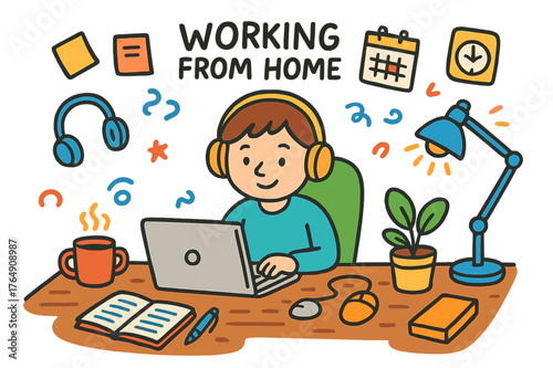 Home Office Doodles. working from home with laptop. Colorful Hand-drawn doodle Children illustration working from home with laptop laptop, desk, chair, coffee