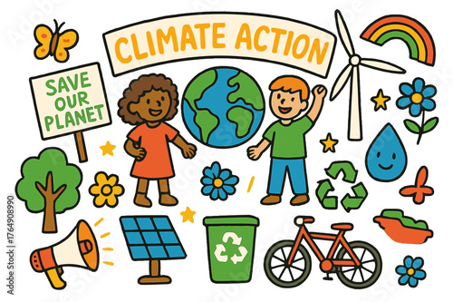 Children's Climate Action. climate action. Colorful Hand-drawn doodle Children illustration climate action earth, protest signs, tree, solar panel, wind