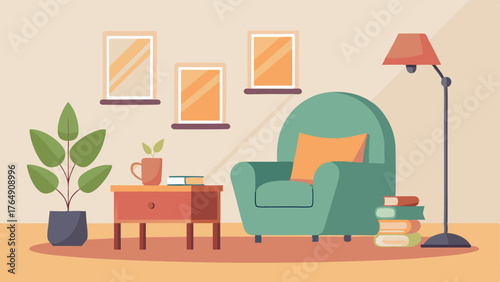 A cozy reading nook with a pouf a floor lamp and a neutralcolored armchair.