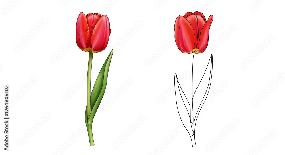 Obraz premium Red tulip illustration and outline on white background