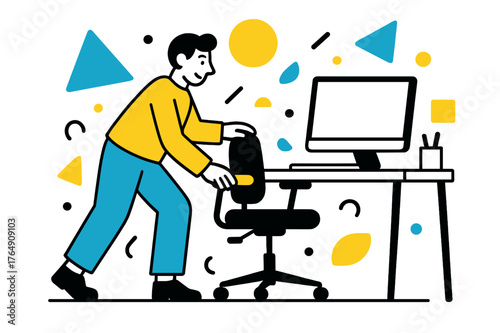 Ergonomic Workspace Setup. Office Equipment. Worker adjusting office chair and desk setup with floating abstract geometric shapes, ergonomic and organized