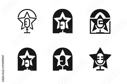 Celebrity Logo Variations. TV personalities and celebrities. Set Logo of TV personalities and celebrities: microphone and star framed in spotlight. Icon set.