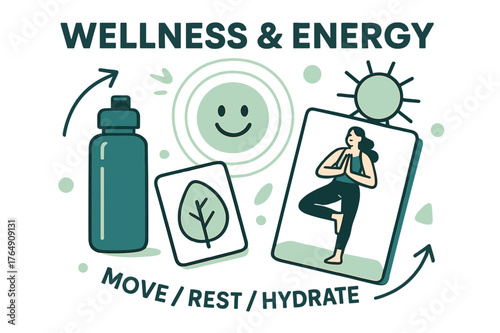Wellness and Energy. Vision Board ? Wellness & Energy. A water bottle, sun, and yoga pose card cluster in a gentle arc; text ?Move / Rest / Hydrate?. Soft