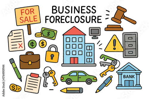 Business Foreclosure Doodles. business foreclosure. Colorful Hand-drawn doodle Children illustration business foreclosure office building, "For Sale" sign,