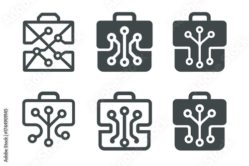 AI Business Logos. AI in business. Set Logo of AI in business: neural network over briefcase. harmonious logo variations of the same emblematic concept, each