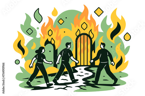 Journey to Fiery Gates. Figures Walking Towards Fiery Gates. Figures walking along a scorched path toward blazing gates with floating abstract geometric