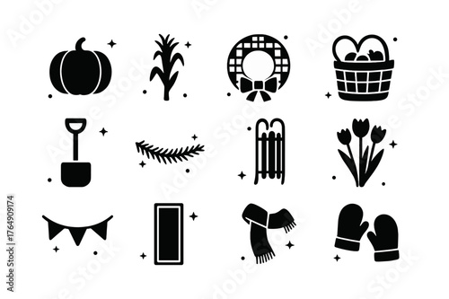 Seasonal Porch Icons. Seasonal Farmhouse Porch. Solid icons set of Seasonal Farmhouse Porch: pumpkin, corn stalk, plaid wreath, harvest basket, snow shovel,