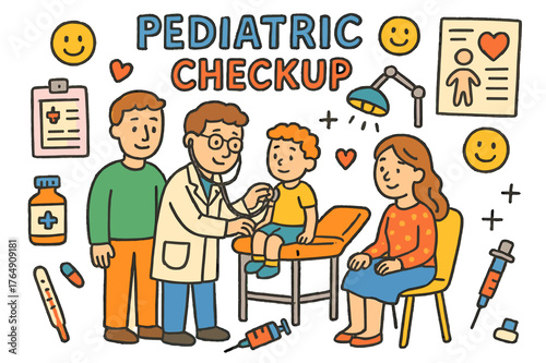 Pediatric Checkup Doodle. pediatric checkup. Colorful Hand-drawn doodle Children illustration pediatric checkup doctor, child, mother, father, stethoscope,