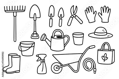 Garden Tools Doodle. Garden tools. Hand-drawn doodle illustration garden tools rake, shovel, trowel, pruning shears, gloves, watering can, bucket, spade, spray