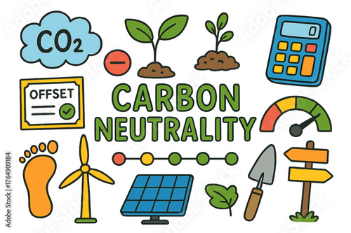 Carbon Neutrality Doodles. Carbon neutrality. Colorful Hand-drawn doodle Children illustration Carbon neutrality CO2 cloud, minus sign, tree sapling, offset