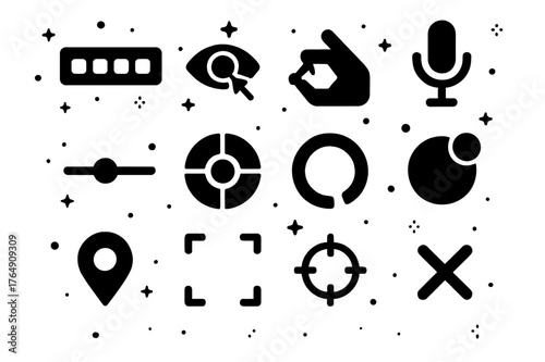 Augmented Reality Icons. augmented reality user interface. Solid icons set of augmented reality user interface: floating toolbar, gaze cursor, hand pinch icon,