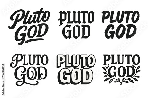 Pluto God Lettering Variations. Pluto God. Set lettering. harmonious lettering variations of the same emblematic concept (Bold hand-lettering with playful