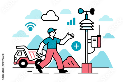 Mining Air Quality Monitoring. Environmental Monitoring in Mining Sites. Air quality monitoring station at mining site, floating abstract signal icons and