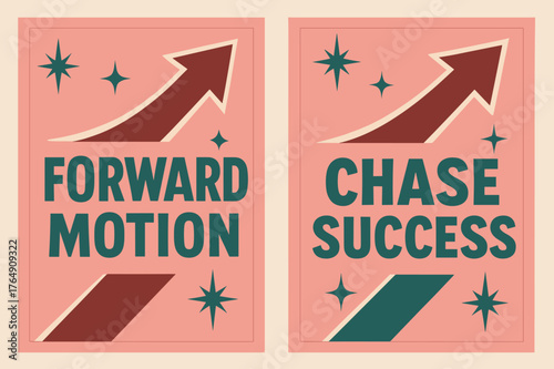 Retro Success Banners. Forward motion. Two vertical A6 banners with safe margins, centered composition, no elements touching edges, retro, pink and teal,