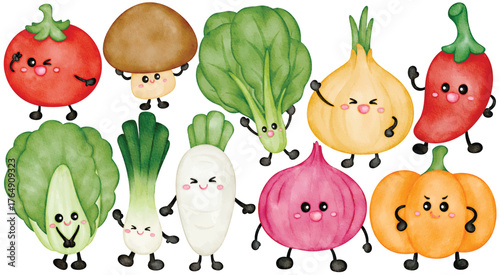 Watercolor Kawaii Vegetable Character Clip Art Set Cute Tomato Mushroom Onion Chili Healthy Food Illustration Isolated on White Background