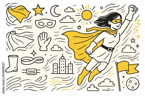 Superhero Skyline Doodle. Flowing cloak. Hand-drawn doodle illustration cape (colored), wind lines (colored), superhero (colored), boots (colored), mask