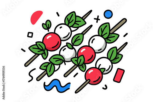 Caprese Skewers Artistry. Caprese Skewers. Overhead view of caprese skewers with cherry tomatoes, mozzarella, basil, and floating abstract geometric shapes,