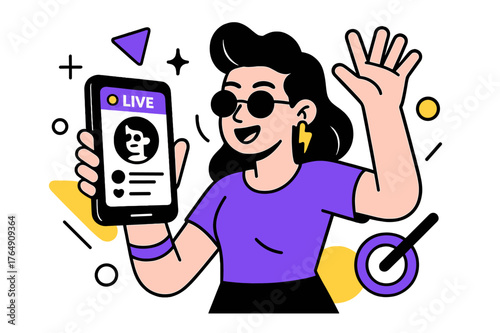 Modern Influencer Vibes. Celebrity Influencer. Influencer holding a phone with live streaming interface and floating abstract geometric shapes, energetic and