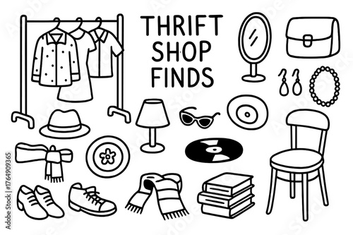 Thrift Shop Treasures. Thrift shop finds. Hand-drawn doodle illustration thrift shop finds clothes rack, shoes, hat, lamp, plate, bag, sunglasses, vinyl,