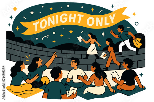 Amphitheater Night Performance. Amphitheater ? Audience on Stone Tiers. People settle with blankets and programs; stars rise above the rim of the bowl. Ribbon