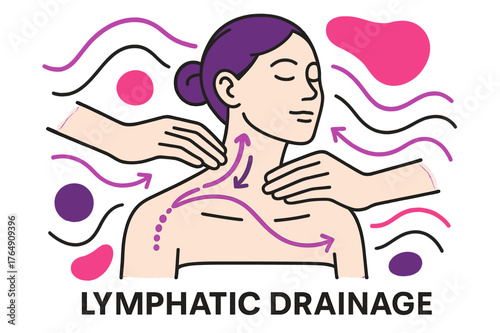 Lymphatic Massage Artistry. Lymphatic Drainage. Hands performing gentle circular lymphatic massage on neck and shoulders with floating abstract geometric flow