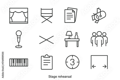 Stage Rehearsal Icons. Stage Rehearsal. Line icon set of Stage Rehearsal: open stage, director chair, script pages, spotlight, microphone, floor tape marks,