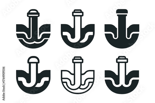 Drainage Pipe Logos. Drainage pipes in trench. Set Logo of Drainage pipes in trench: inspection cleanout rising to surface from drain run. harmonious logo