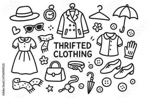 Thrift Fashion Icons. Thrifted Clothing. Hand-drawn doodle illustration Thrifted Clothing dress, coat, hat, shoes, scarf, blouse, handbag, gloves, belt,