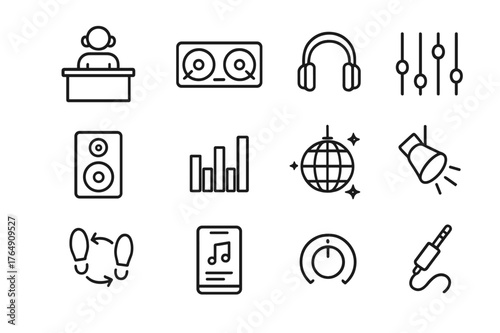 DJ Icons Set. DJ and Dancefloor. Line icon set of DJ and Dancefloor: DJ booth, turntables, headphones, mixer sliders, speaker, equalizer bars, disco ball,