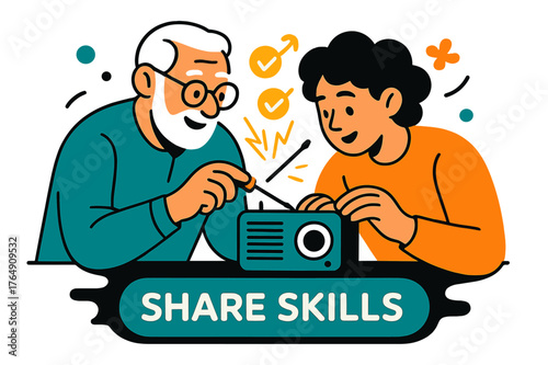 Skill Sharing Scene. Elderly ? Mentoring Moment. A senior shows a teenager how to fix a small radio; spark lines and checkmarks mark each step. Caption ?share