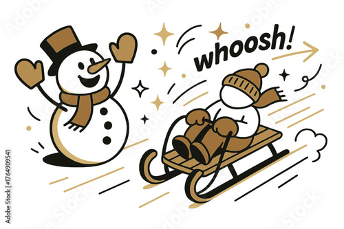 Cheering Snowman Sledding. Snowman ? Vintage Sled. A snowman cheers as a sled swooshes past; motion lines and stars sparkle. Tag ?whoosh!? skims along the