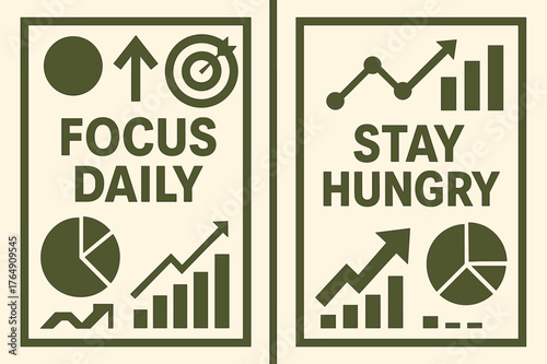 Focus & Hunger Banners. Focus daily. Two vertical A6 banners with safe margins, centered composition, no elements touching edges, geometric, olive green and