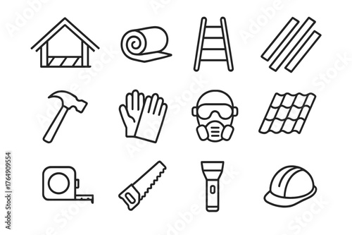 DIY Insulation Icons. DIY insulation. Line icon set of DIY insulation: attic space, insulation roll, ladder, wooden beams, hammer, safety gloves, protective