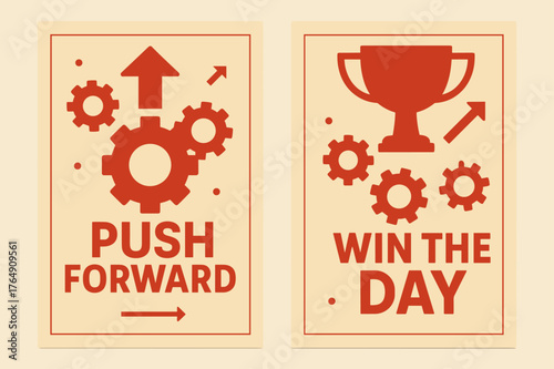 Motivational Banners. Push forward. Two vertical A6 banners with safe margins, centered composition, no elements touching edges, flat vector design, red and