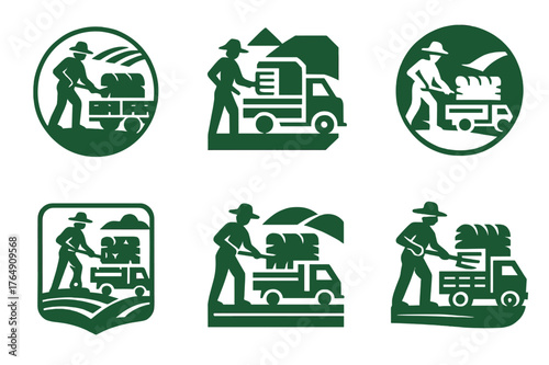 Farmer Logo Variations. A farmer loading hay onto a truck to deliver to market. Set Logo of A farmer loading hay onto a truck to deliver to market: farm scale