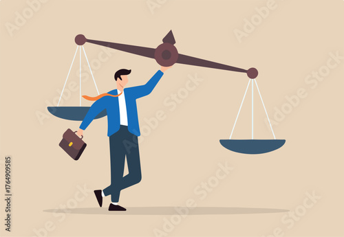 Flat illustration of confident businessman lift ethical balance scale symbolizing principle and business ethics
