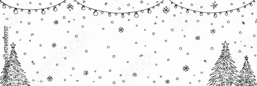 눈이 내리는 겨울 풍경 속에서 크리스마스 트리와 장식 조명이 아름다운 조화를 이루며 따뜻한 분위기를 자아내는 벡터 일러스트레이션.