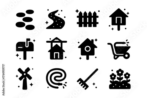 Garden Path Icons. Garden Path to Porch. Solid icons set of Garden Path to Porch: stepping stones, gravel path, picket fence, gate, mailbox, house sign,