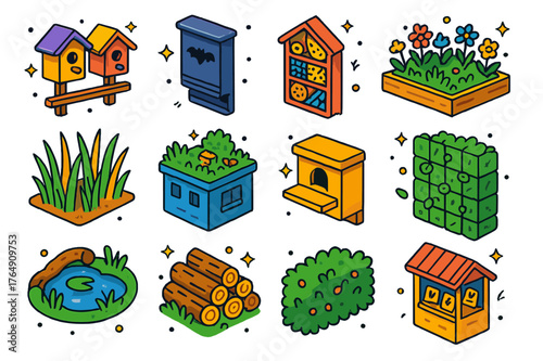 Urban Habitat Icons. Urban biodiversity habitats. Colorful isometric vector icons set of Urban biodiversity habitats: birdhouse row, bat roost box, insect