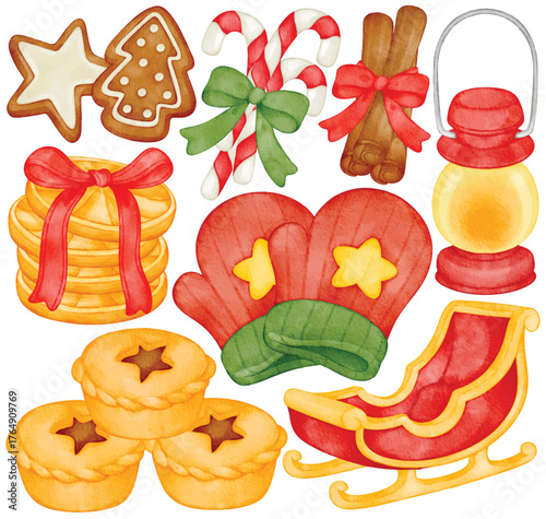 Watercolor Christmas Clip art Set Festive Food Gingerbread Man Sleigh Mitten Pie Isolated on White Background