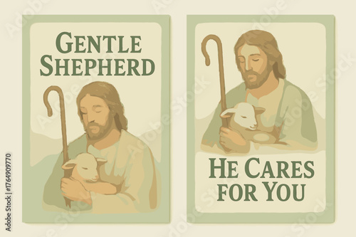 Gentle Shepherd Banners. Gentle Shepherd. Two vertical A6 banners with safe margins, centered composition, no elements touching edges, pastel, sage and cream,