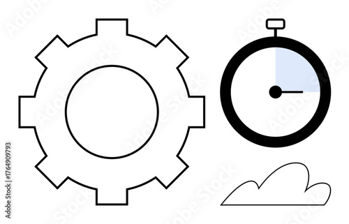 Gear mechanism, stopwatch with partial highlight, and minimalistic cloud evoke themes of productivity and technology. Ideal for time management, teamwork, efficiency, planning, industry, innovation