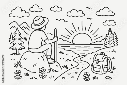 Sunset Reflection Doodle. Sunset Contemplation. Hand-drawn doodle illustration Sunset Contemplation person on rock, sun setting, clouds, mountains, trees,